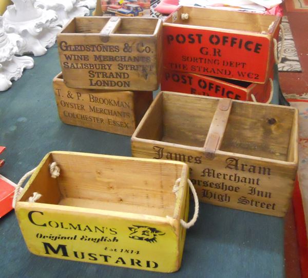 Collection of 6 wooden advertising boxes (& corkscrew)