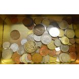 Tin of coins to include 1949 Iranian 5 Rial coin (Muhammad Reza Pahlavi) and others from around