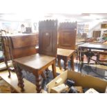 Pair of 19C Gothic oak hall chairs
