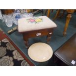 Tapestry toped mahogany stool with old sycamore platter