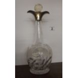 Etched glass tear drop decanter with silver top