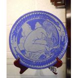 Oriental themed blue and white ceramic plate with nude female