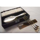 Boxed silver hair brush, 3 silver spoons and silver comb