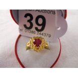 Gilt silver ring with heart shaped lab ruby