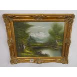 Oil on canvas in gilt frame - Mountains and lake signed 'Jackson'