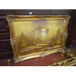 Large oil in gilt frame - House and mountains - indistinct signature