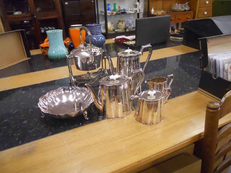 Plated spirit kettle, 4 piece tea and coffee set, and bowl