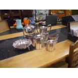 Plated spirit kettle, 4 piece tea and coffee set, and bowl