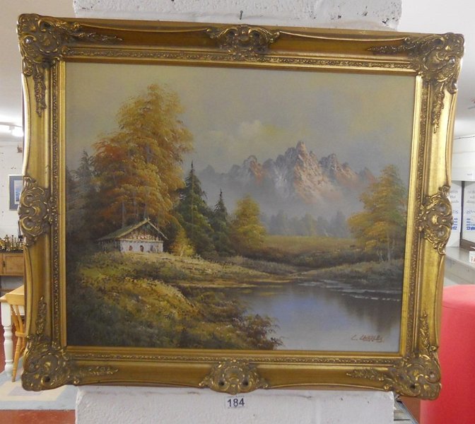 Oil on canvas in gilt frame - House by river by L Charles