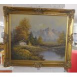 Oil on canvas in gilt frame - House by river by L Charles