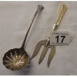 Silver sugar sifter and silver cake fork