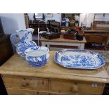 Large blue and white meat plate, Masons Ironstone chamber pot & jug