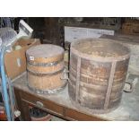 2 old wooden and metal banded containers