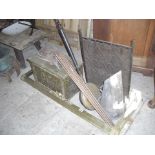 Brass fire-surround, warming pan, bellows etc