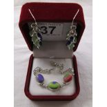 Silver rainbow calsilica set bracelet and stone set silver earrings