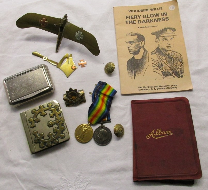 Interesting box of WWI memorabilia to include medals