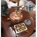 Copper kettle, brass trivet & gentleman's toilet mirror