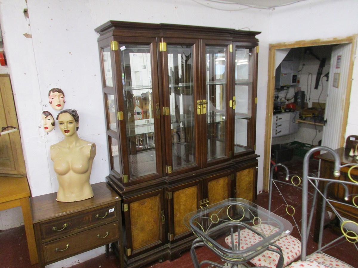 Large mahogany Oriental themed glass top cabinet