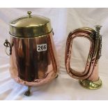 Bugle & copper lidded pot on legs