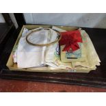 Collection of linen, lace, box of embroidery silks etc