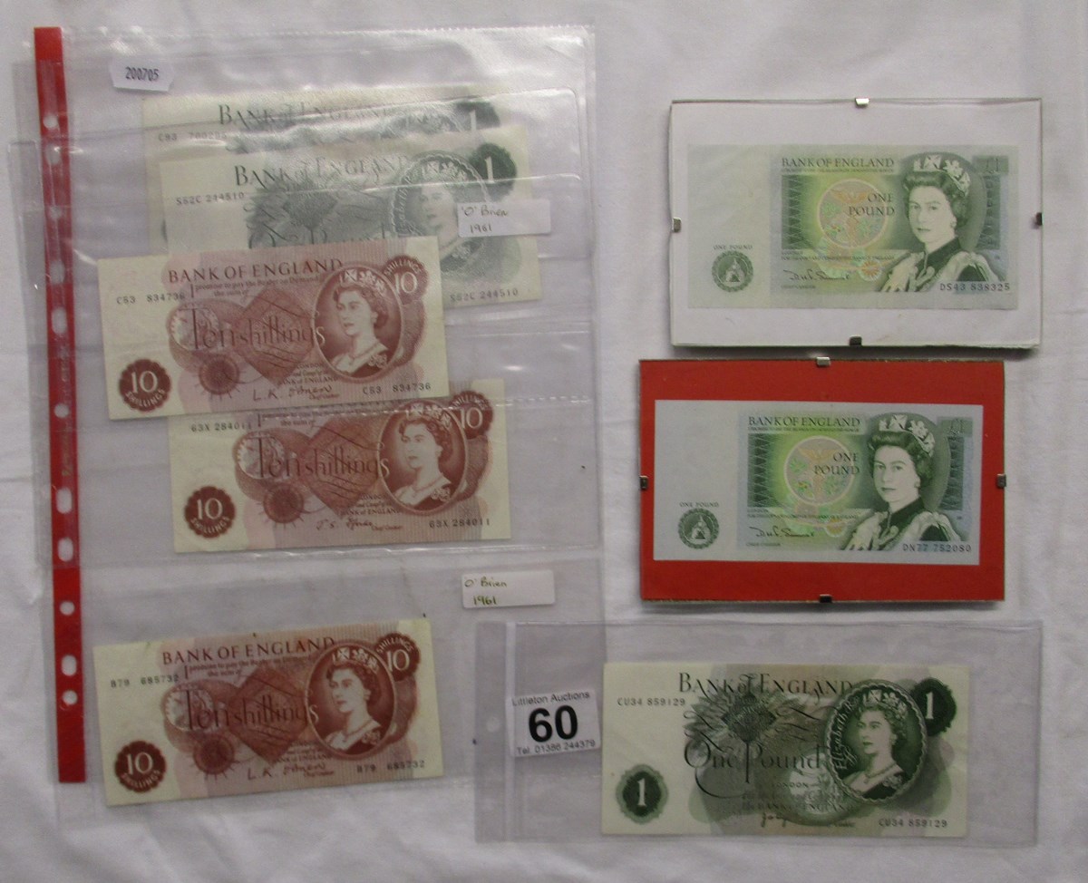 Bank notes 5 x £1 (2 framed) & 3 x 10s