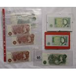 Bank notes 5 x £1 (2 framed) & 3 x 10s