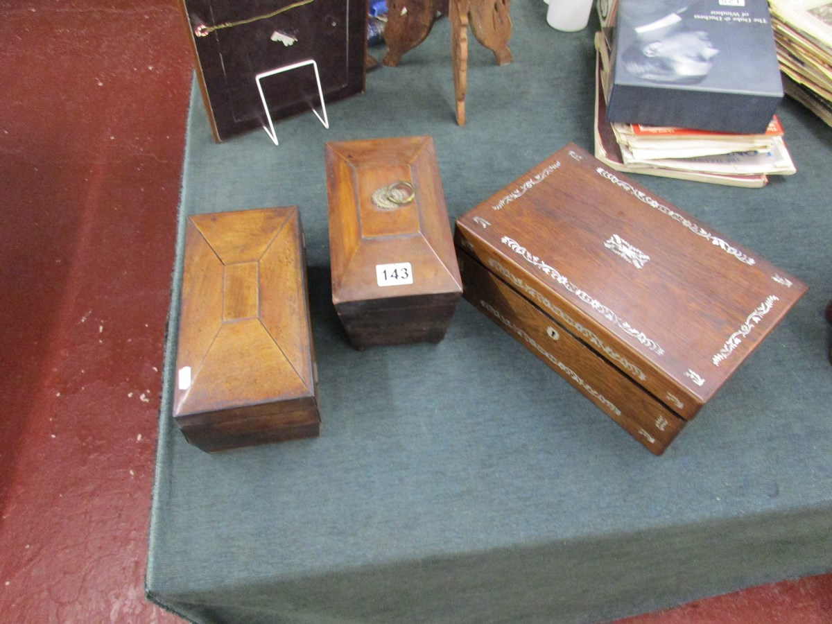 2 Georgian tea caddies and inlaid writing box