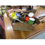 Old wooden box with vintage picnic equipment etc