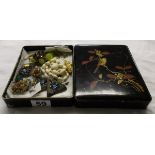 Lacquered papier mache box with Art Deco and vintage jewellery