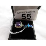 2 silver stone set rings - 1 amethyst