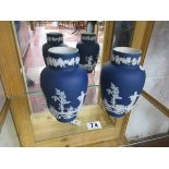 Pair of blue & white Wedgwood vases