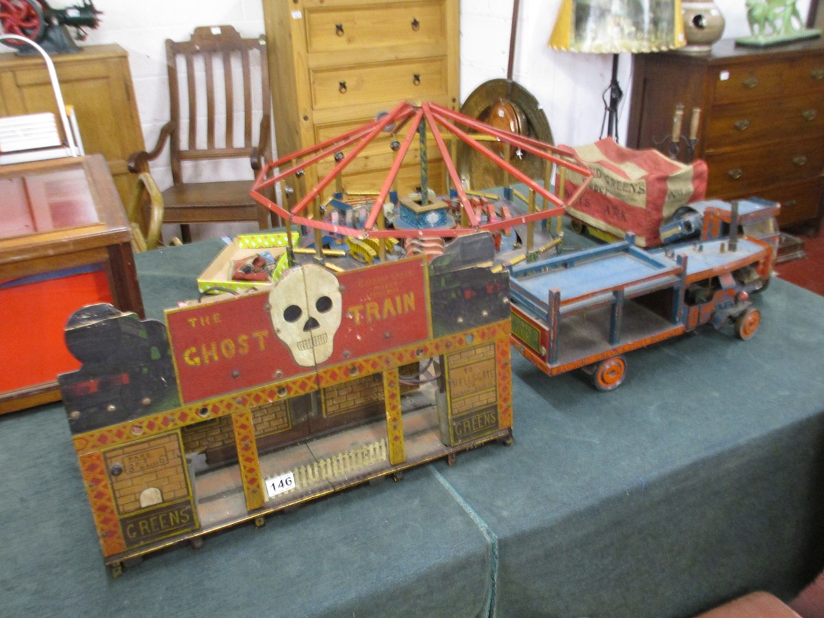 Scratch built fairground models circa 1936 to include carousel, steam wagon etc.
