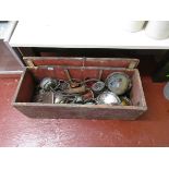 Pine box & contents to include old car lamps