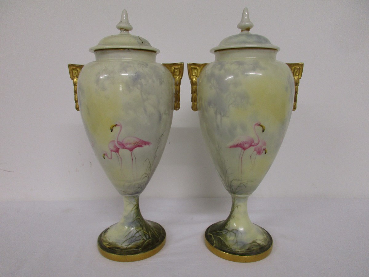 Pair of Royal Worcester urns with covers by G Johnson A/F