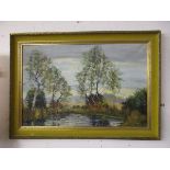 Large oil on canvas in gilt frame - Lake scene