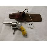 Late 19C Belgian six shot rimfire pocket revolver with ivory grip in leather pouch - Obsolete