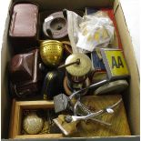 Interesting box of collectables to include old fishing reel and AA badges (some silver)