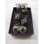 3 pairs of silver & stone set earrings
