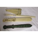 3 letter openers (2 ivory & 1 Papier Mâché) & bone / ivory fan