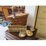 2 wicker baskets and set of six coffee cans with saucers