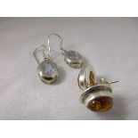 2 pairs of silver stone set earrings - 1 amber