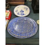 3 blue and white meat plates