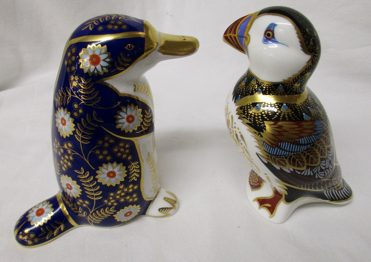 Royal Crown Derby Puffin with gold seal and Duck-billed Platypus with silver seal
