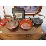 2 copper kettles and jam pan