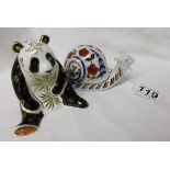 Royal Crown Derby Giant Panda with gold seal and Snail paper weight