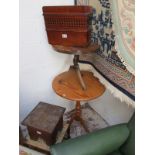 Pine pedestal table, mahogany pedestal table and magazine rack