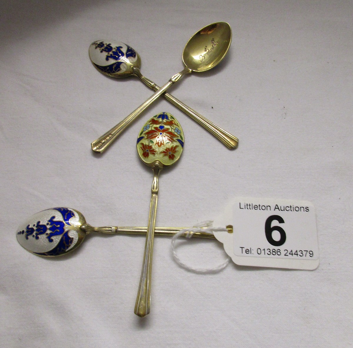 4 silver & enamelled spoons