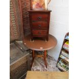 Bentwood circular table and 3 drawer mahogany chest