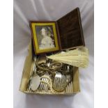 Small box of collectables to include ivory fan