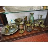 Shelf of brass and copper etc